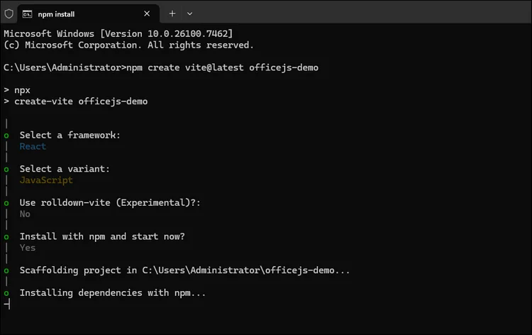screenshot of a new created react project using cmd