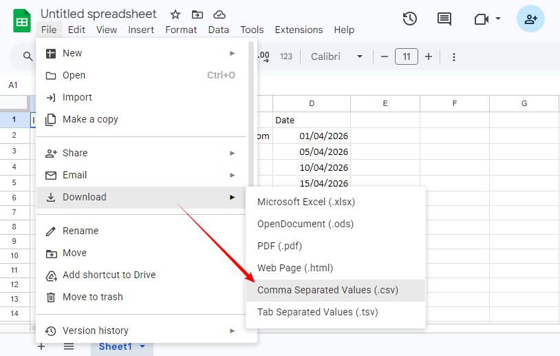 쉼표로 구분된 값(.csv)으로 다운로드하는 Google Sheets 메뉴