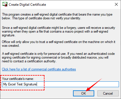 Crear certificado digital autofirmado con SelfCert.exe para la firma de Excel