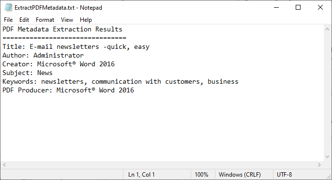 C# extract PDF metadata to text file using Free Spire.PDF.