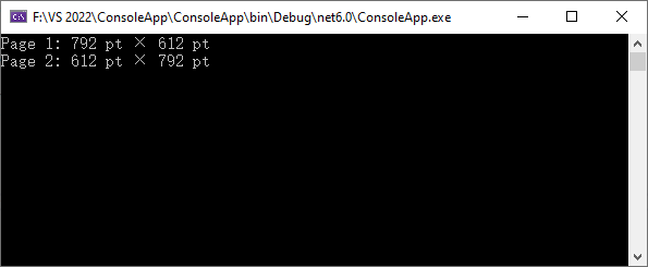 Saída do console C# de tamanhos de página PDF em pontos