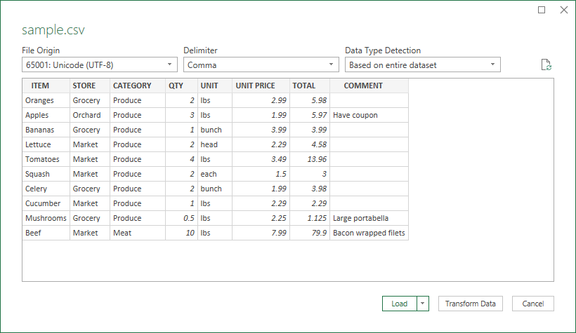 CSV import preview and settings in Excel.