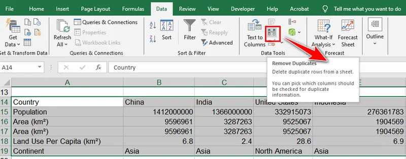 Удаление дублирующихся столбцов с помощью функции «Удалить дубликаты»