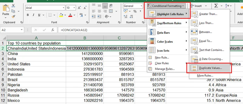 Выделение дублирующихся ячеек с помощью условного форматирования