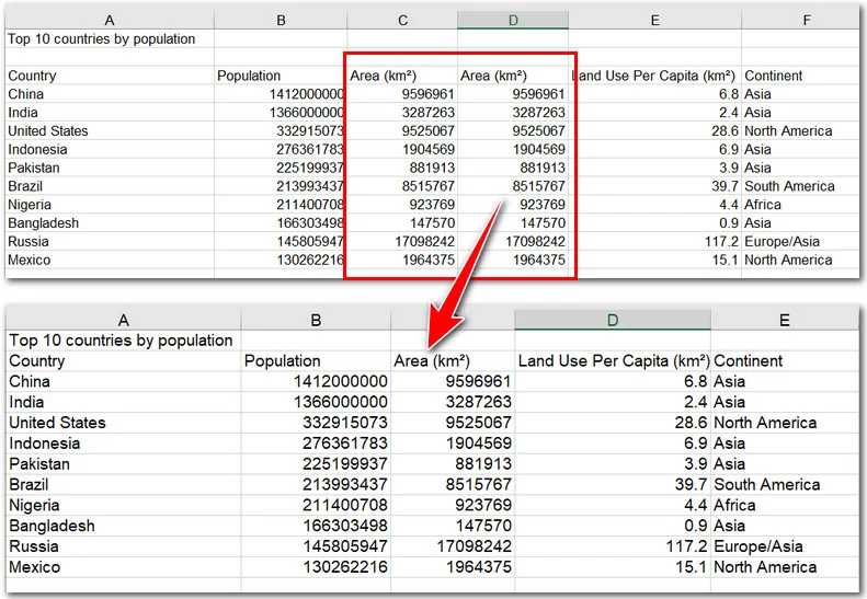 Исходный лист и выходной файл без дублирующихся столбцов
