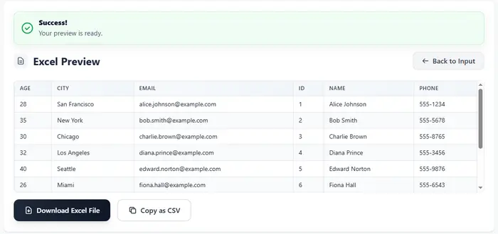 Загрузите сгенерированный файл Excel