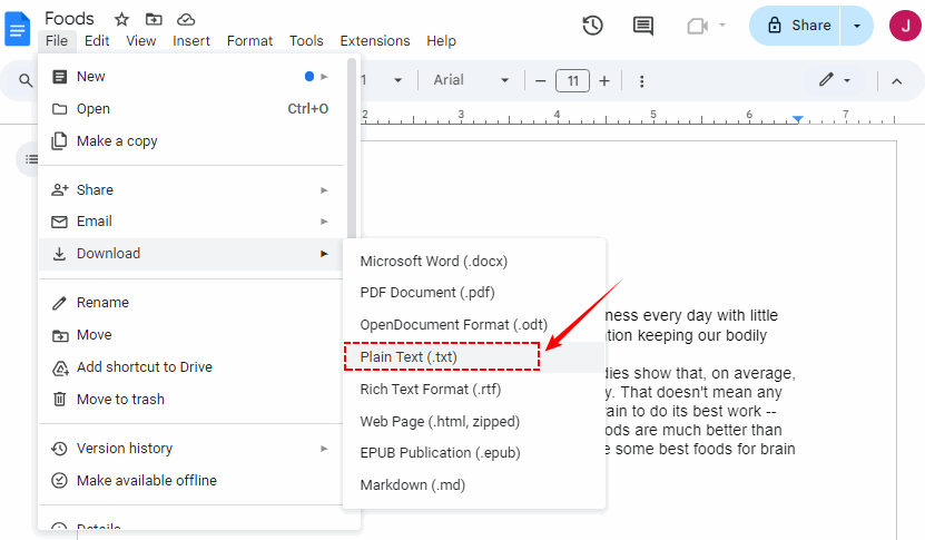Scarica un file HTML come file di testo semplice utilizzando Documenti Google.