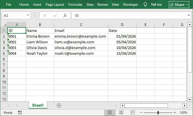 샘플 데이터가 있는 Excel 스프레드시트