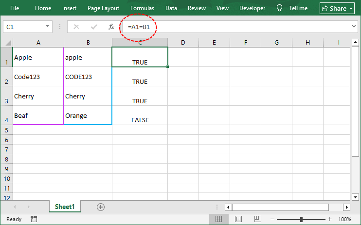 Fórmula del operador de igualdad de Excel para verificación que no distingue entre mayúsculas y minúsculas
