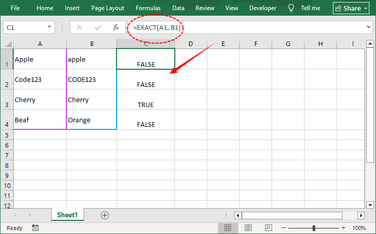 Fórmula EXACTA de Excel para verificación que distingue entre mayúsculas y minúsculas