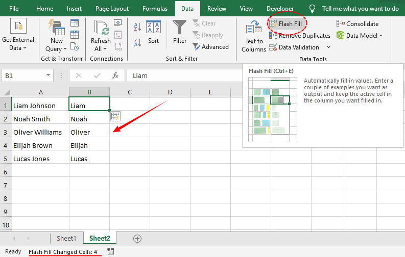 Excel sheet using Flash Fill to extract first names from a full name list