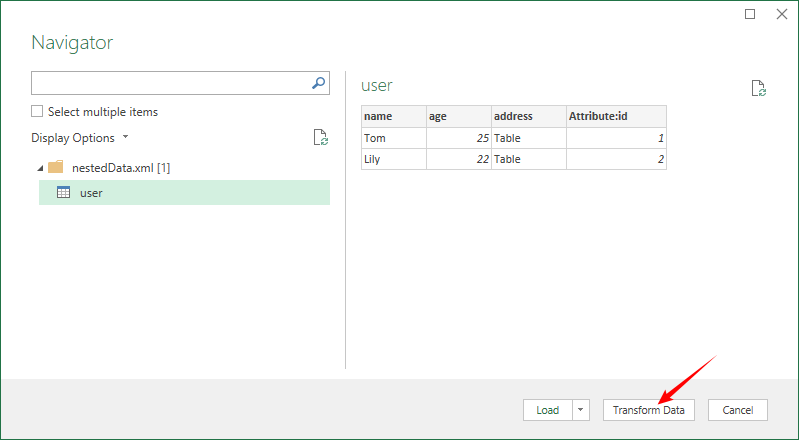Navegador do Power Query mostrando dados XML
