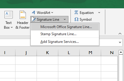 Pestaña Insertar de Excel que muestra la flecha desplegable de Línea de firma y la opción 