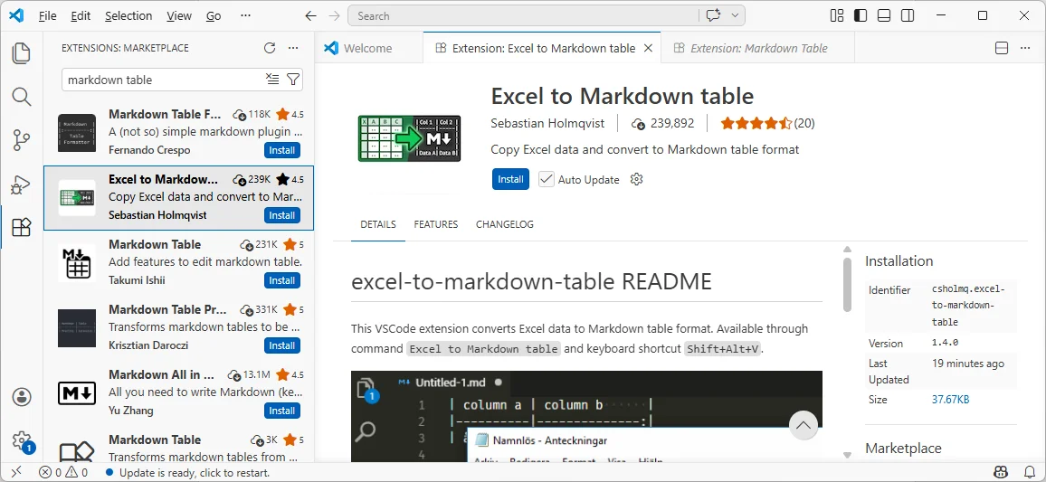 Convertire Excel in Tabella Markdown con Estensione VS Code