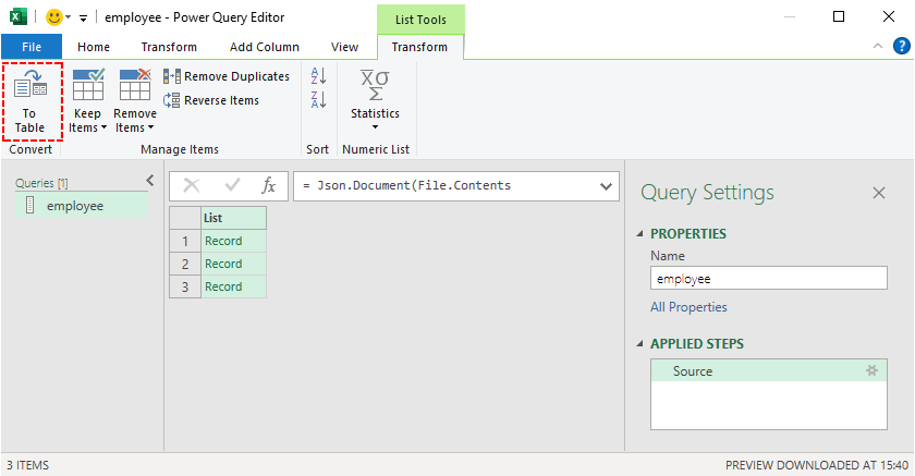 Transformar datos JSON a una tabla en el Editor de Power Query de Excel