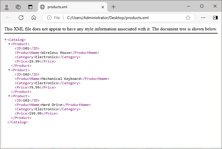 File XML risultante visualizzato in un browser.