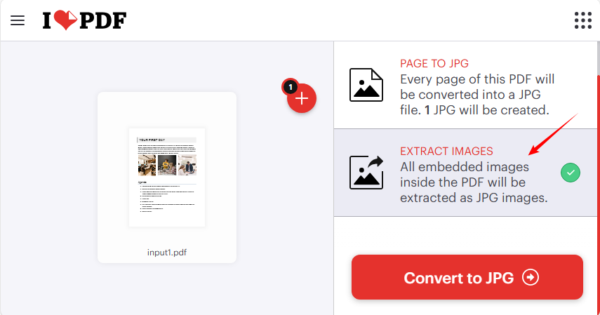 Extraia imagens JPG de PDF usando a ferramenta online gratuita iLovePDF