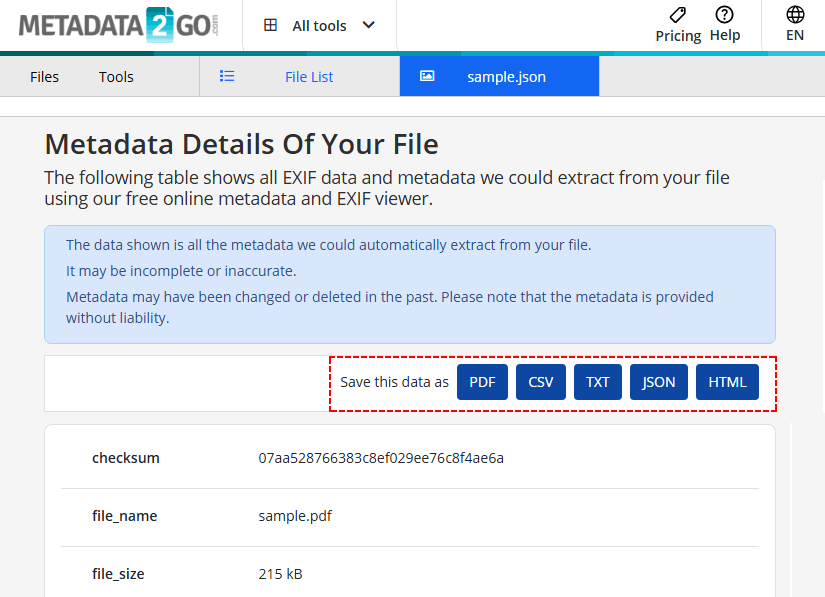 Metadata2Go online PDF metadata extractor interface.