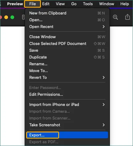 Cliquez sur Fichier puis Exporter dans Aperçu