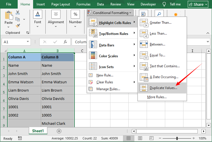 Diálogo de formato condicional de Excel para encontrar valores duplicados entre dos columnas