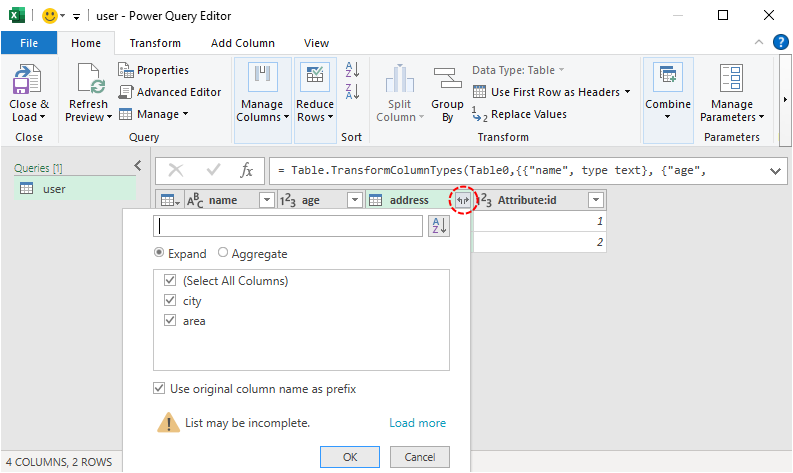 Expandindo colunas aninhadas no Editor do Power Query