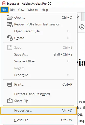 Ir para propriedades do arquivo