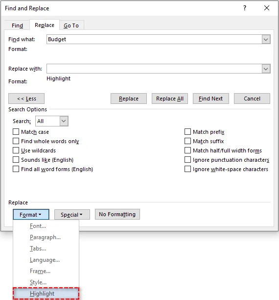 Fai clic su Evidenzia nella finestra di dialogo Trova e sostituisci