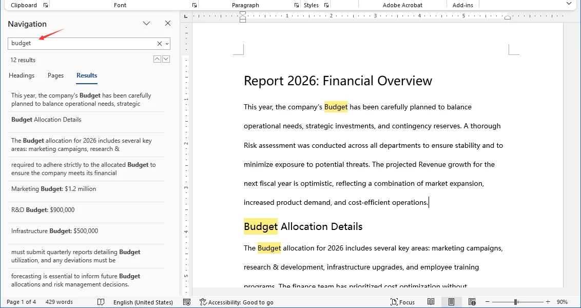 Usa il riquadro di spostamento per evidenziare temporaneamente le parole chiave in Word