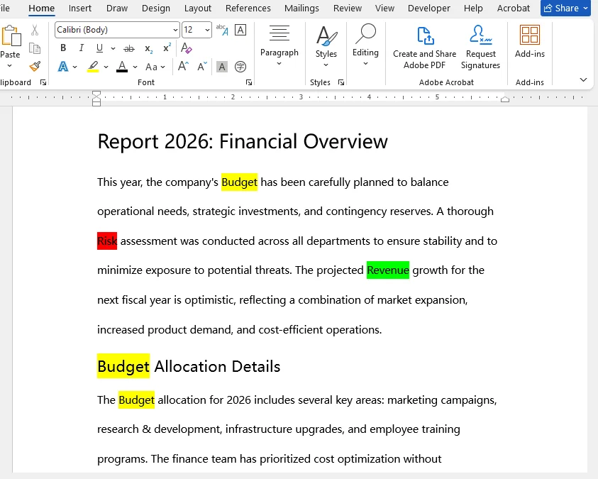 Risultato dell'automazione dell'evidenziazione del testo in Word utilizzando C#