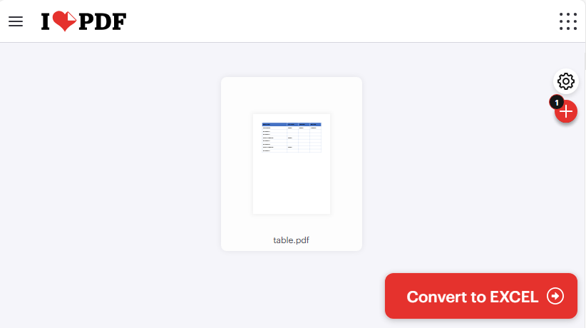 IlovePDF free PDF to Excel online converter