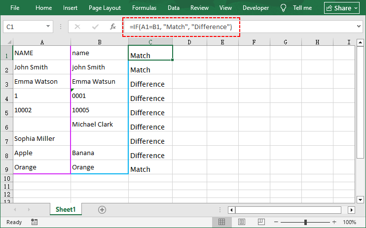 Fórmula SI de Excel que muestra 'Coincidencia' o 'Diferencia'