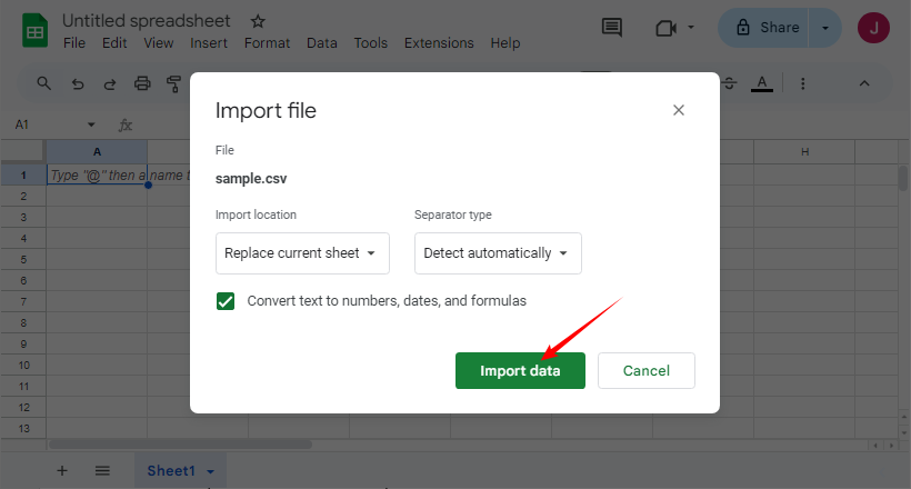 Google Sheets import settings pop-up.
