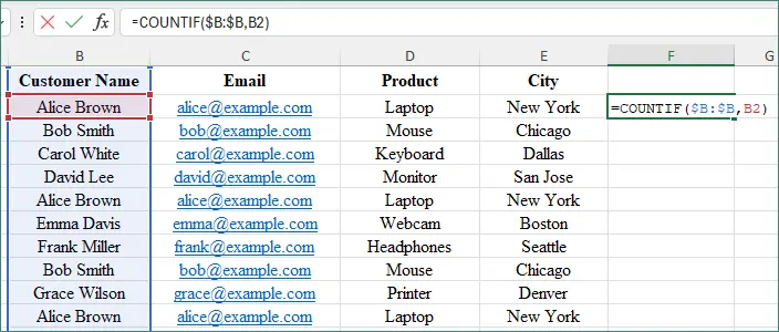 enter countif in a blank column