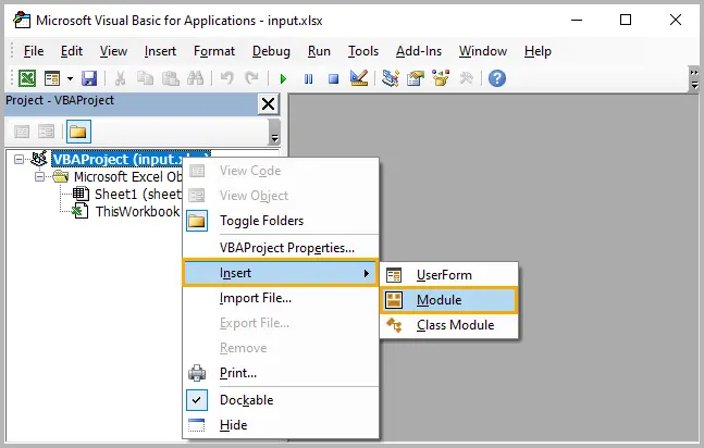 Insert module in VBA editor