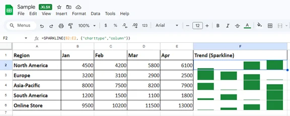 Create Sparklines in Excel via Google Sheets