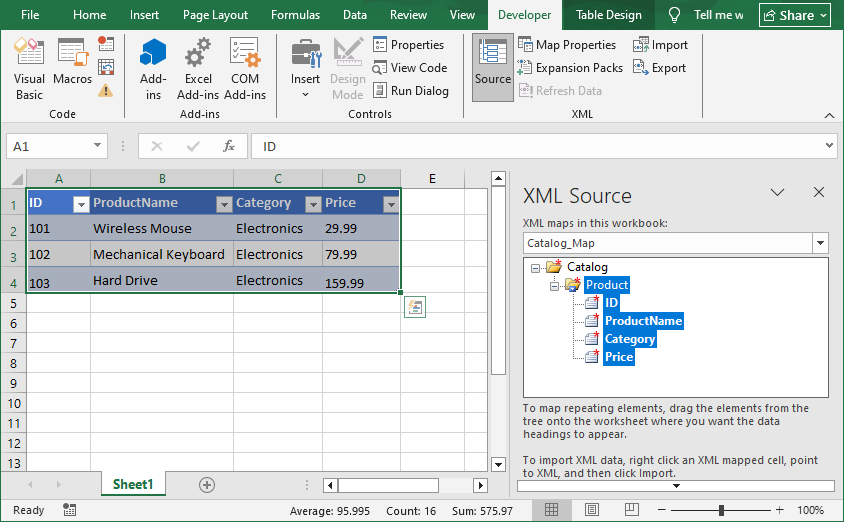 Foglio di lavoro Excel con elementi XML mappati alle intestazioni di colonna.