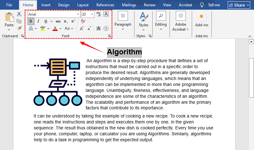 Barre d'outils Microsoft Word avec les contrôles de police visibles.