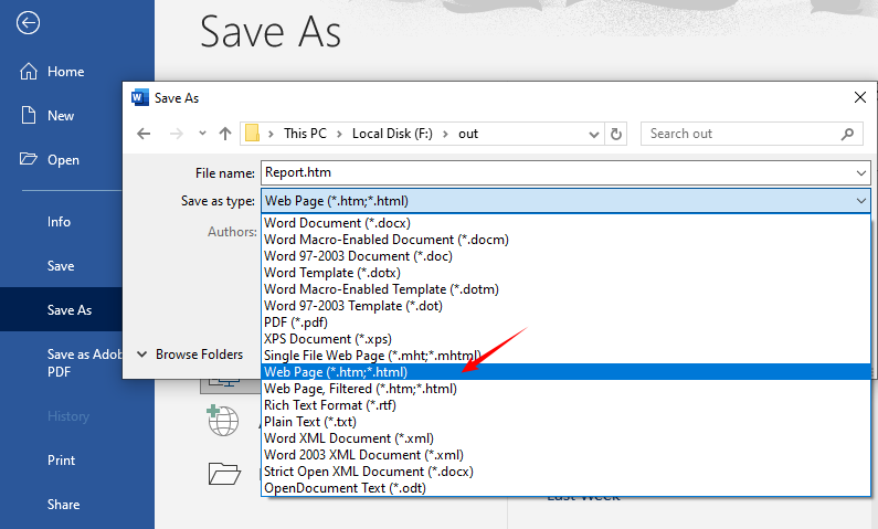 Export Word to web page via Save As