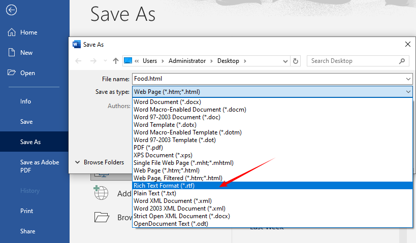 Microsoft Word enregistre HTML au format RTF