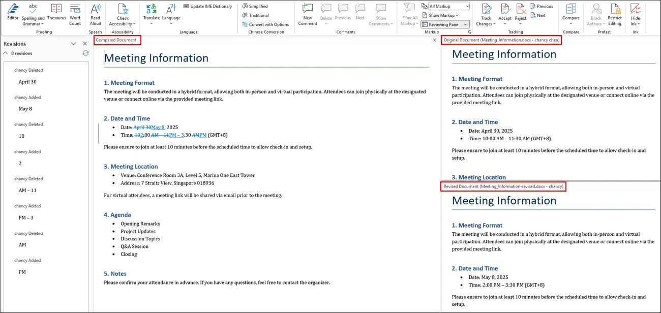 built-in compare result of microsoft word