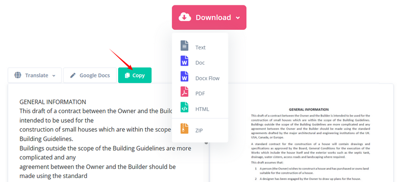 Resultados de texto extraído do i2OCR com opções de download