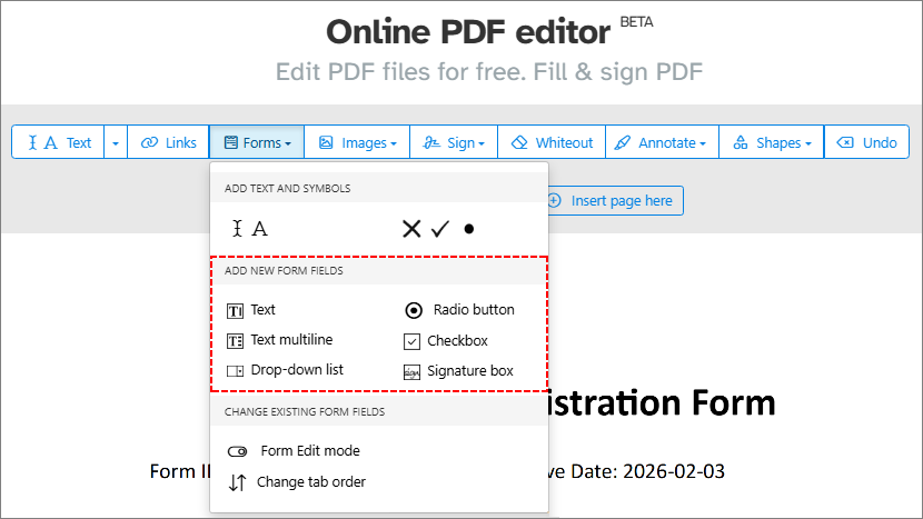 The PDF form fields in Sejda online PDF editor
