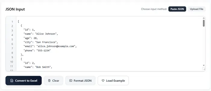 Вставьте данные Json или загрузите Json в онлайн-конвертер