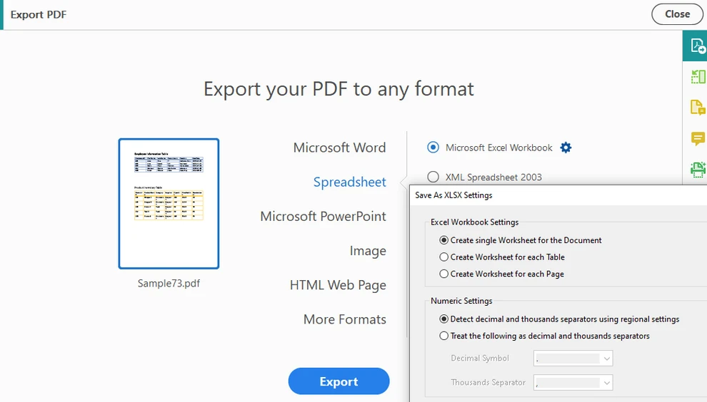 Acrobat Export PDF to Spreadsheet