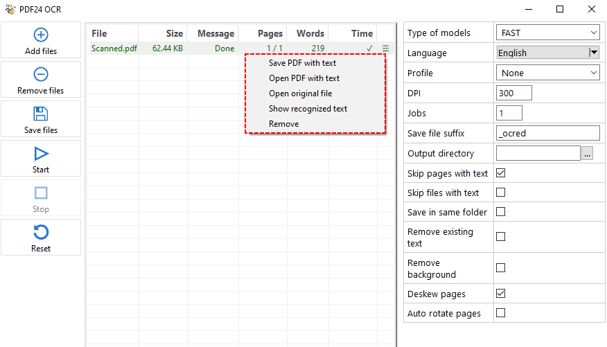 Painel de configurações de OCR do PDF24 para PDFs digitalizados