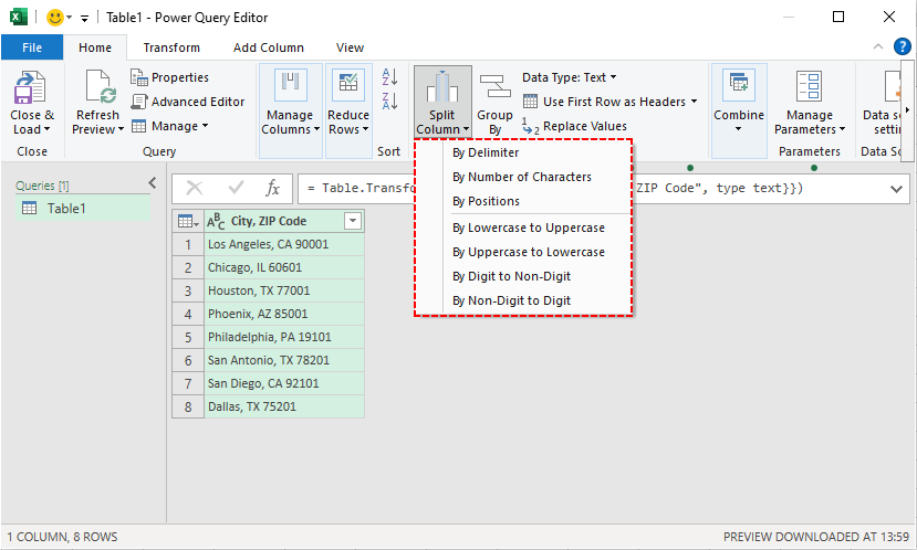 Power Query editor with the Split Column dropdown menu showing split options