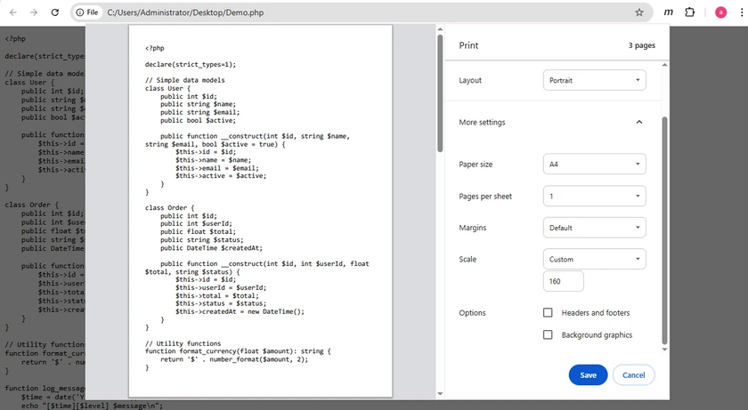 Print PHP Code to PDF Using a Browser