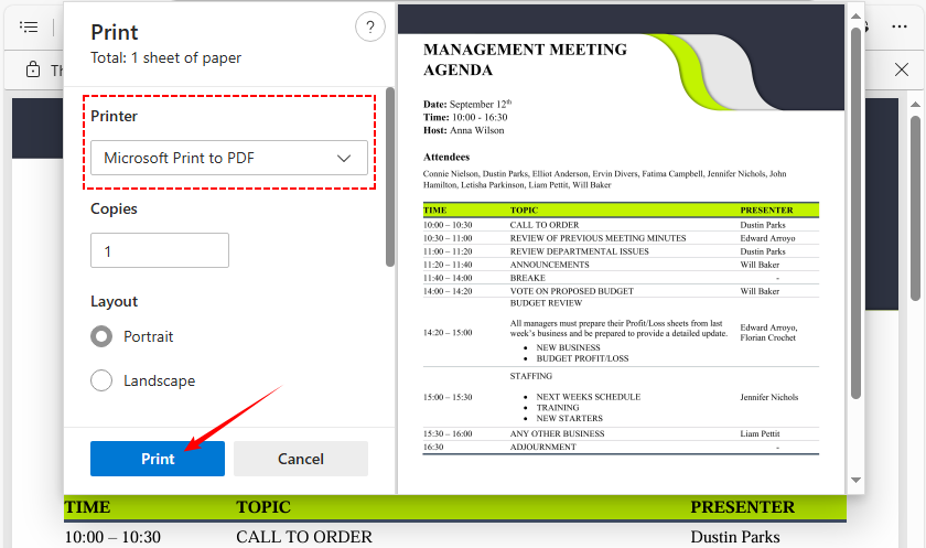 Diálogo Imprimir a PDF en Microsoft Edge