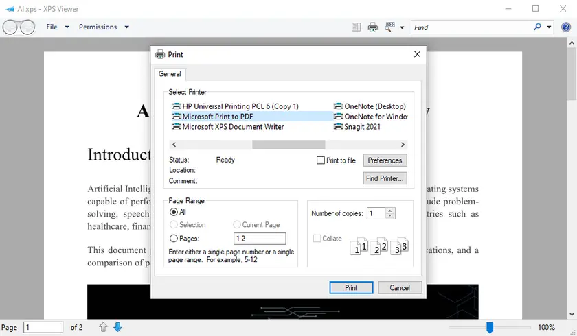 Imprimir XPS para PDF no Windows