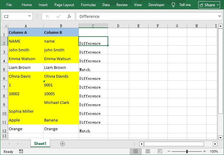Salida del script de Python para comparar columnas